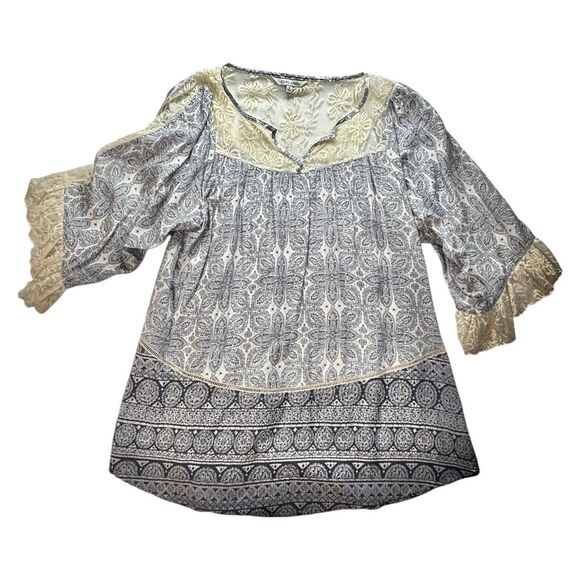 John Mark Peasant Mini Dress 3/4 Bell Sleeve Lace Detail On Blue - Picture 7 of 12